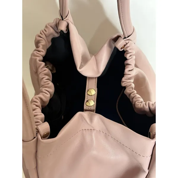 Lulu Dharma Pink Leather Ruched Tote Bag Shoulder Purse Gold Hardware - Image 6