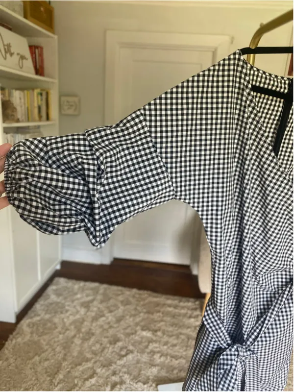 Elliott & Vine 1X Gingham Wrap Dress Cottagecore Puff Sleeves Belted Black White - Image 4