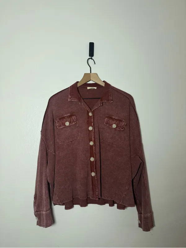Easel Wine Mineral Washed Oversized‎ Long Sleeve Button Down Thermal Shirt - Image 2