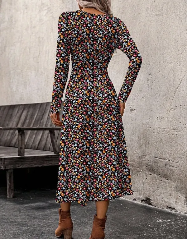 Black Multi-Floral Retro Bodycon Long Sleeve Dress - Image 2
