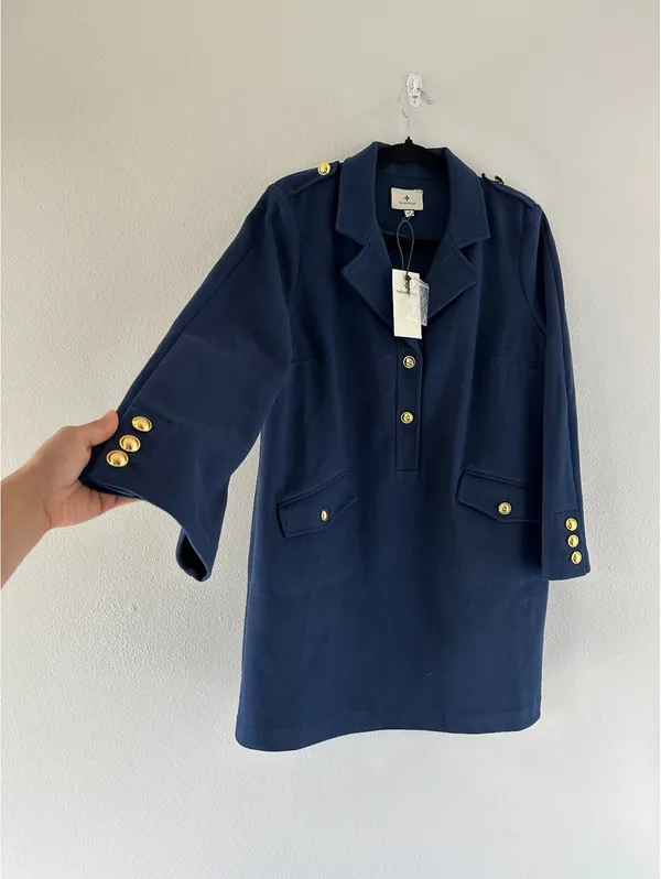 Tuckernuck Malia Dress Navy Blue Gold Button Knit A-Line Size M - Image 2