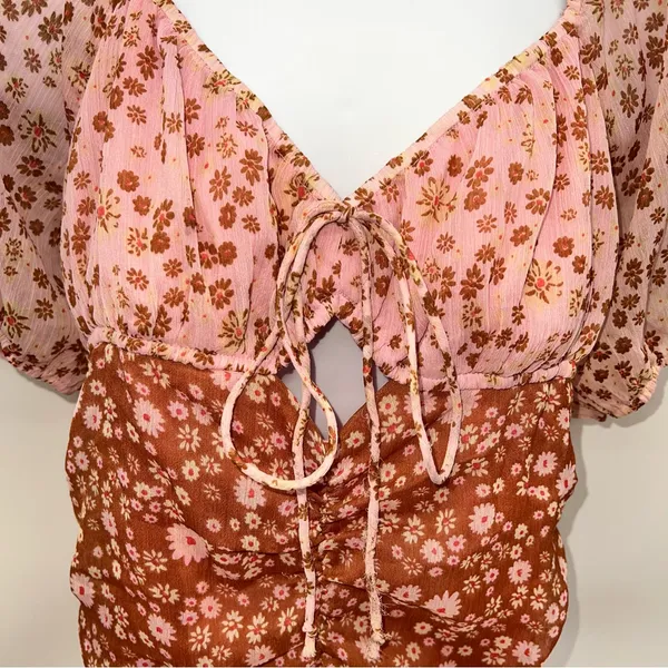 Free People Pink and Rust Brown Floral Ruched Mini Dress with Boho Feels-Size S - Image 4