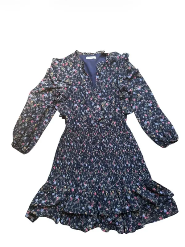Lush Clothing Floral Smocked Mini Dress Medium Navy Blue Ruffle Long Sleeve Cottagecore - Image 3