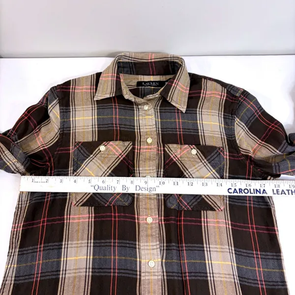 Ralph‎ Lauren Plaid Western Cowgirl Rodeo Shirt Brown Pink XS Roll Tab Sleeve - Image 5