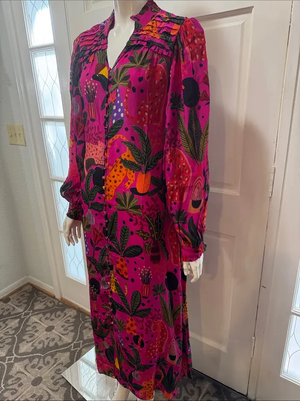 Farm Rio Jungle Print Maxi Dress Womens Pink Leopard Monkey Long Sleeve Sz S - Image 8
