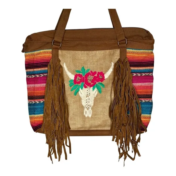 Tote Bag Womens Large Multi-Color Serape Western Boho Longhorn Fringe‎ Hippie - Image 2
