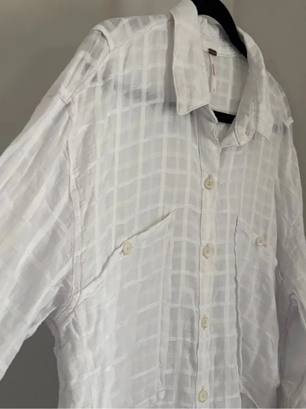 Free People Loveland Women’s White Button-Up Long Sleeve Windowpane Plaid Size L - Image 7