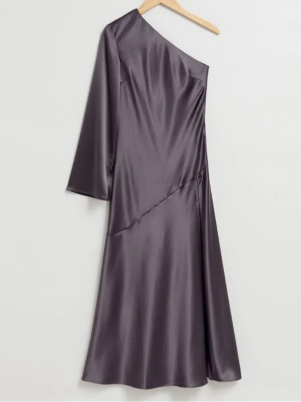 & Other Stories savoir Satin off shoulder Maxi Dress asymmetric 34 - Image 7