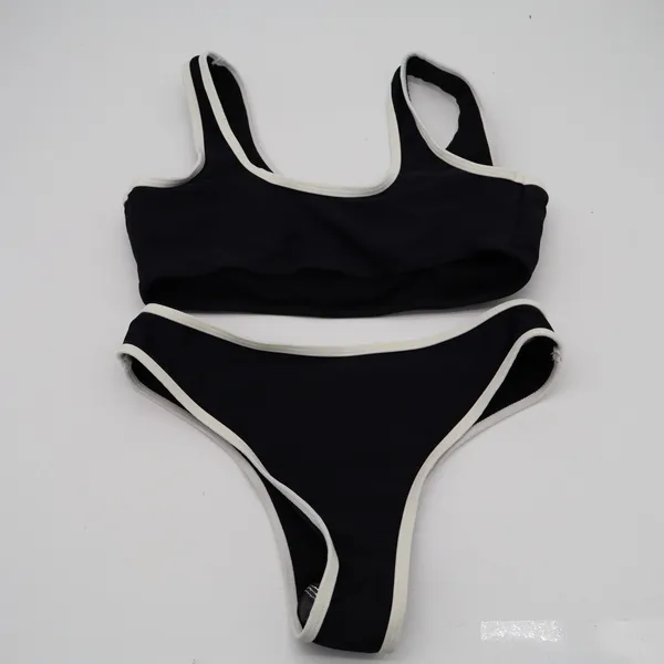 2 Piece Bikini Set Women Small Black White Contrast Trim Stretch Ribbed Swimwear - Image 4