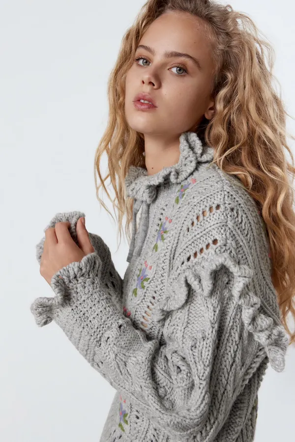 Gray Embroidered Oversized Sweater Top - Image 4