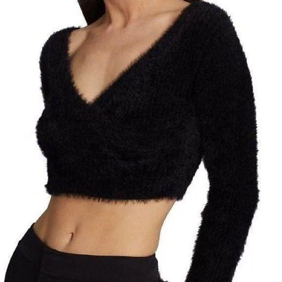 Cropped Black Fuzzy Wrap Style Top Size M - Image 2