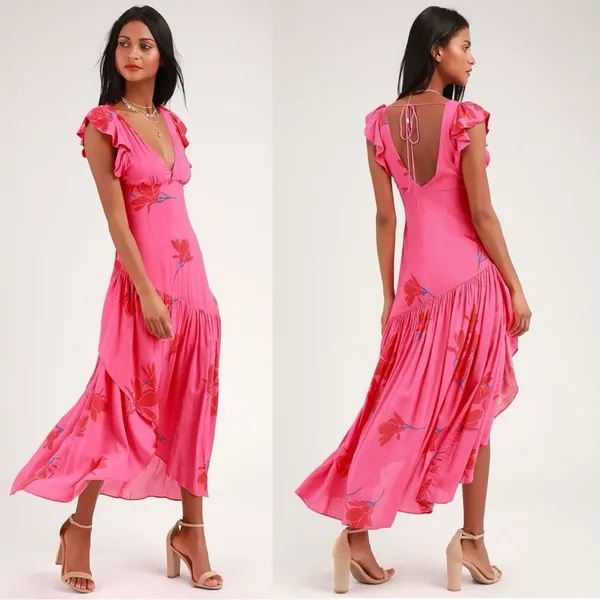 Free People Tropical Hawaiian Hibiscus Hot Pink Floral Maxi Dress Size 8 Summer - Image 3