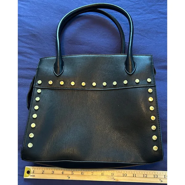 Black Faux Leather Studded Satchel Handbag Gold Studs Top Handle Tote Bag - Image 3