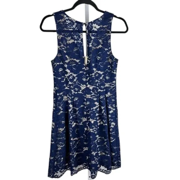 Vince Camuto Navy Blue Floral Lace V Neck Fit & Flare Cocktail Dress Size 4 - Image 13
