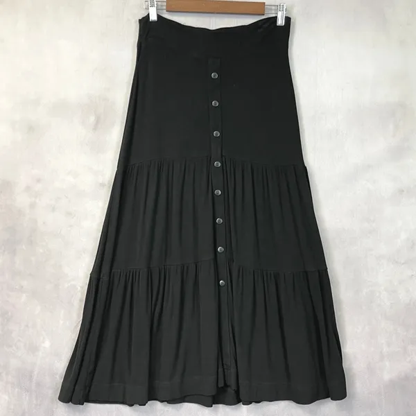 Tiered Button Front Maxi Skirt Size S Black Ribbed Stretchy Grunge Dark Cottage‎ - Image 10