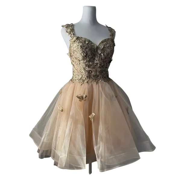 Fiesta Fashion Gold Butterfly Appliqué Sequined Corseted Fit & Flare Party Dress - Image 9
