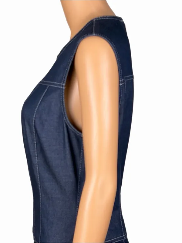 DONNA KARAN New York Denim Paneled A-Line Midi Dress POCKETS Size 10 - Image 6