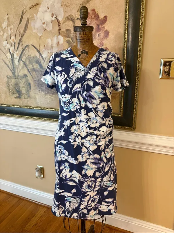 Soft Surroundings Blue Floral Faux Wrap Dress Size PS Ruched Short Sleeve Knit - Image 2