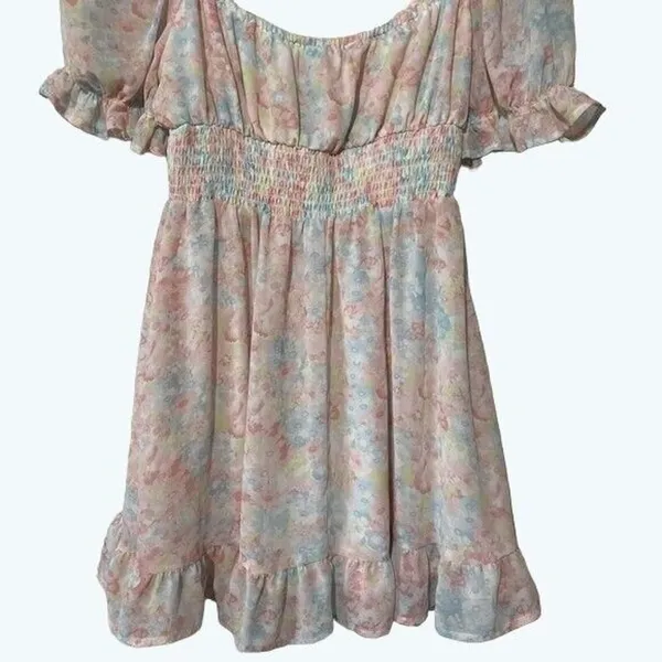 HYFVE Pastel Floral Mini Dress Puff Sleeve Tie Neck Size Large - Image 7