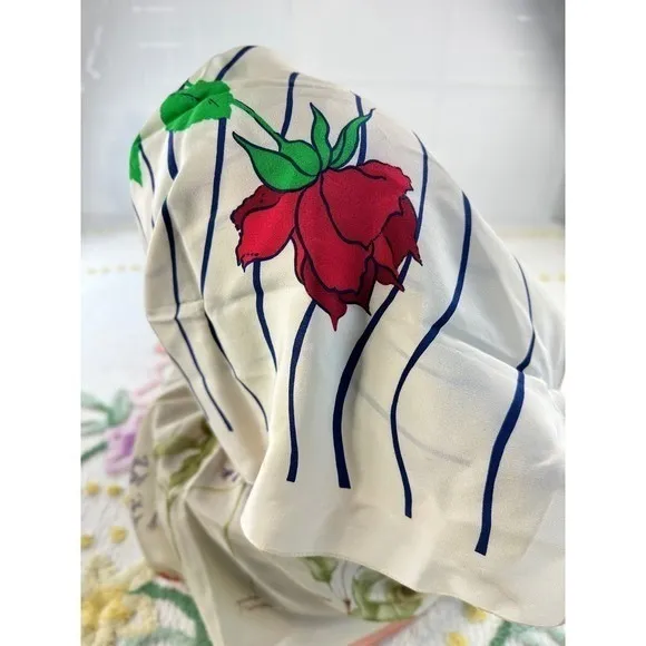 Christian Dior Vintage Silk Scarf Red Rose Navy Wavy Stripe Cream Made in France - Image 3
