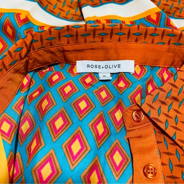 Rose + Olive Women Orange and Blue Button Down Blouse Top Sz-Medium - Image 4