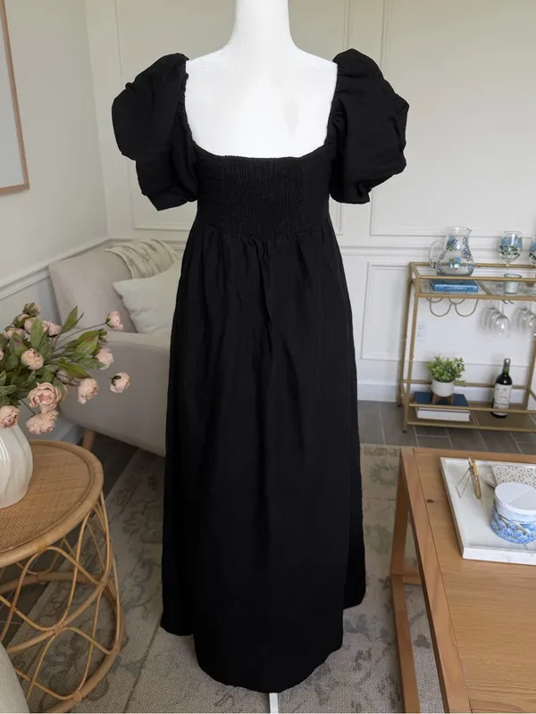 A. REN Candace Linen Maxi Dress Washed Black Puff Sleeve Smocked Back M - Image 13