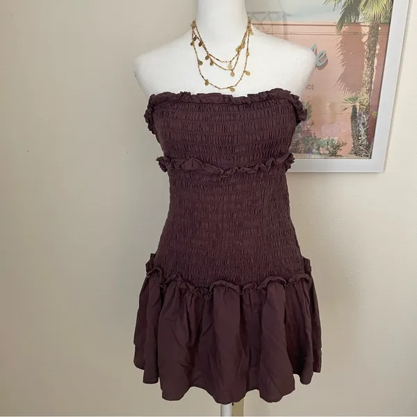 American Eagle Smocked Drop Waist Mini Dress in Brown XS - Image 3