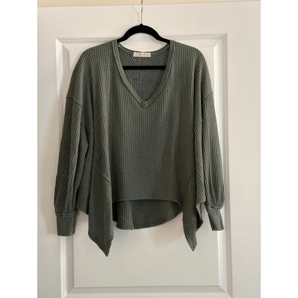 We The Free Green Coraline Thermal V-Neck Waffle Knit Top XS - Image 4