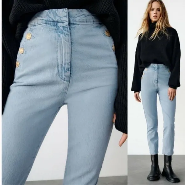 Zara High Waisted Sailor Jeans Light Wash Blue Gold Button Slim Leg XS 6147/157 - Image 5