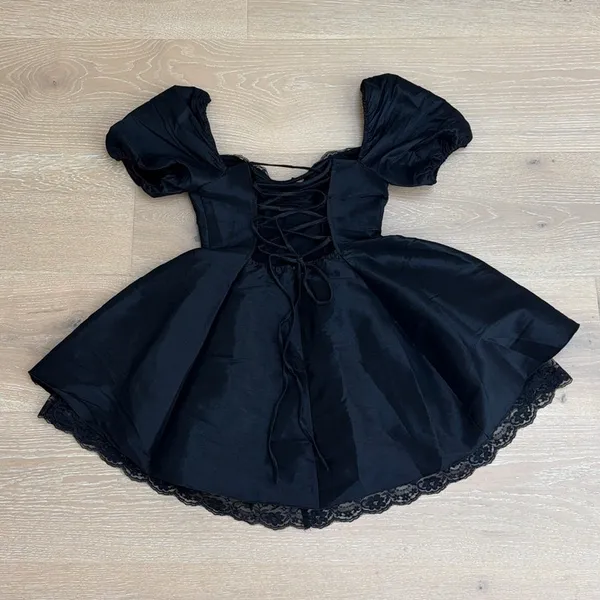 Lulu’s Mini Dress Taffeta Lace Puff sleeve Enchanting Princess Size S Black - Image 3