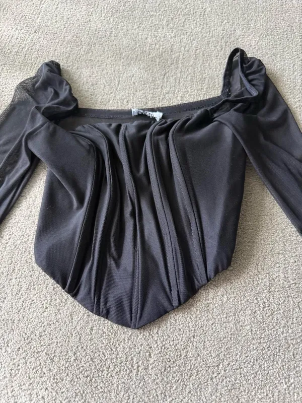 Black Princes Polly corset and mesh long sleeve top with ruched detailing Size s - Image 3