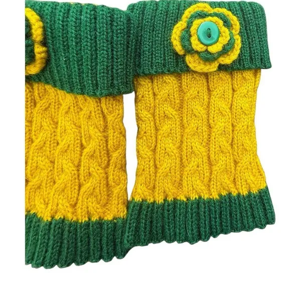 Handmade Green Bay Packers Inspired Knit Boot Cuffs with Flower Button Detail - Image 3