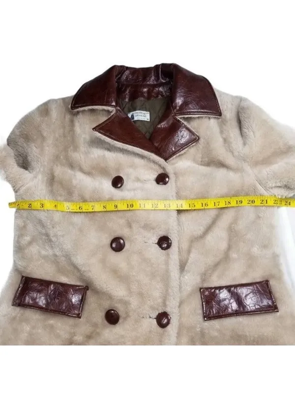 Vintage Fingerhut Fashions Fur Leather Coat Double Breasted Buttons Beige Sz 12 - Image 5