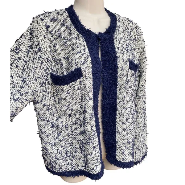 J.Crew Sz M contrast tweed white Navy Open front cropped jacket blazer cardigan - Image 5