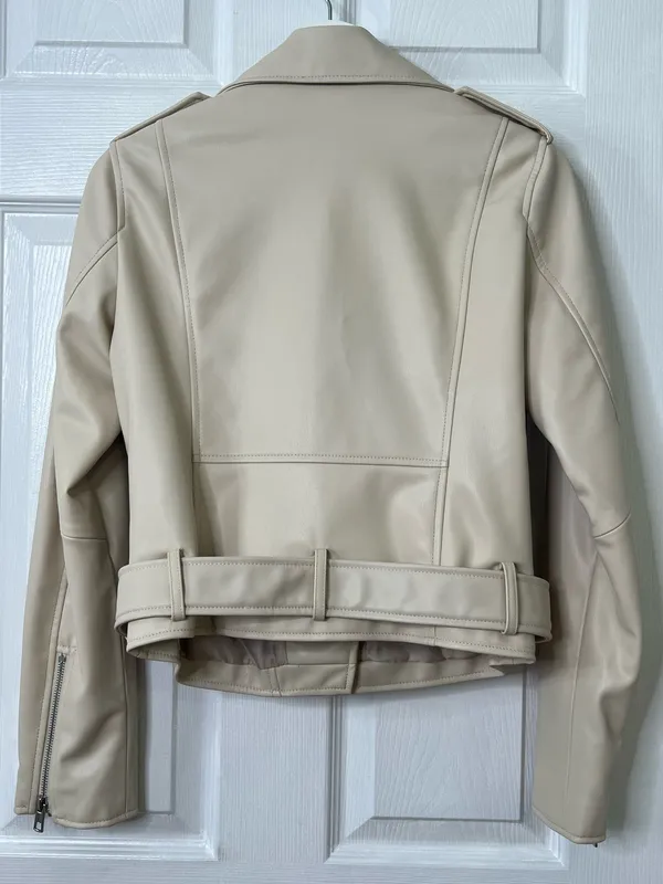 Zara Faux Leather Moto Jacket Biker Belted Streetwear Cream Ivory Size S - Image 3