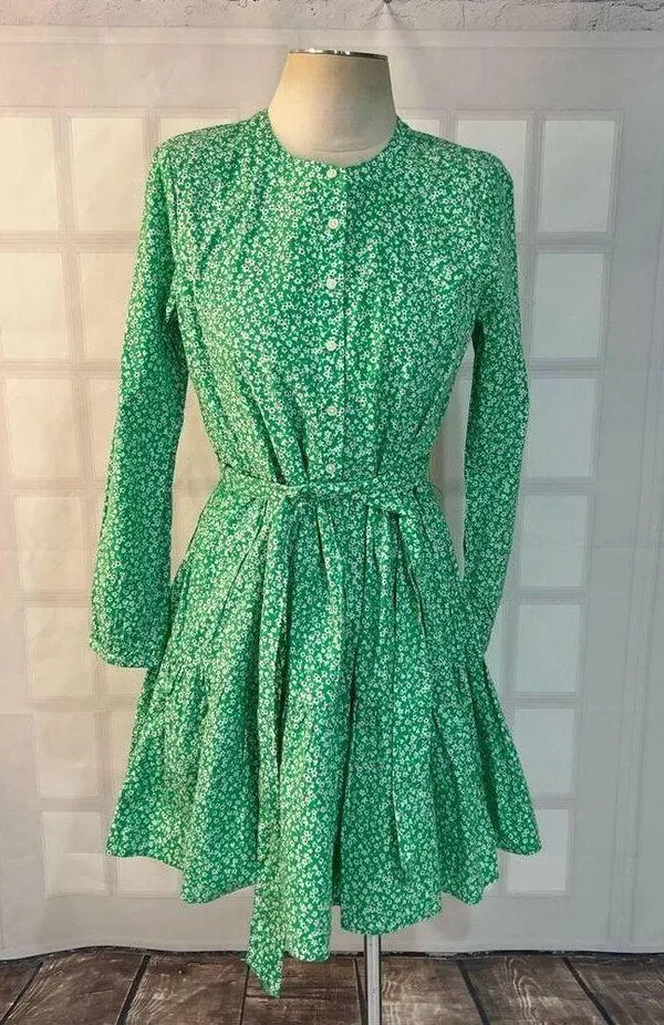 J crew long sleeve tie waist green floral cotton shirtdress size XS - Image 2