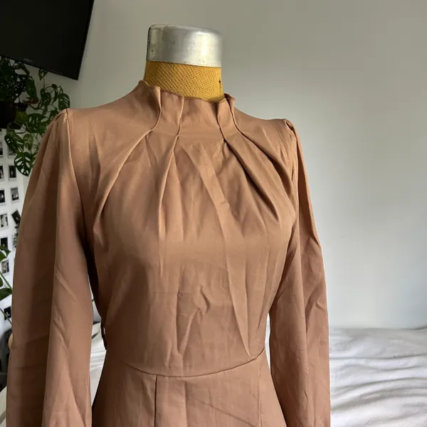 Tan mock neck knee length modest dress - Image 2