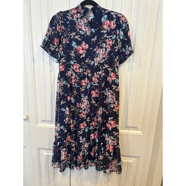 Orange Creek Los Angeles Blue Floral Short Sleeve Midi Dress Small‎ - Image 2