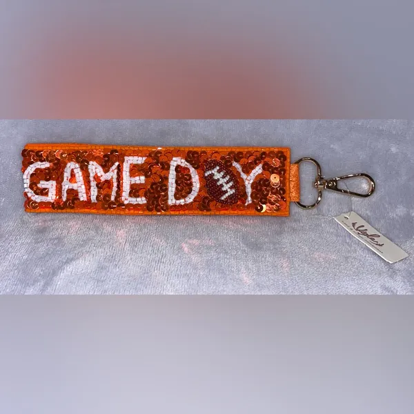 Vigla NWT Orange/White Game Day Football Seed Bead Sequin Keychain Wristlet - Image 2