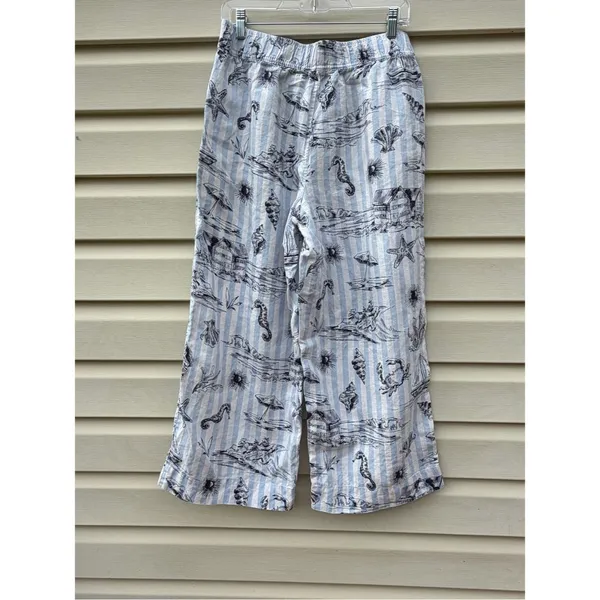 Martha Stewart Linen Beach Print Crop Pants Blue White Nautical Size Medium - Image 3