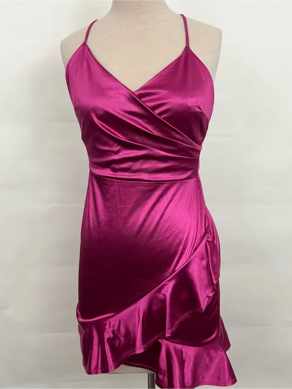 Lulus Romantic Nights Magenta Satin Ruffled Bodycon Mini Dress Wrap Medium - Image 2