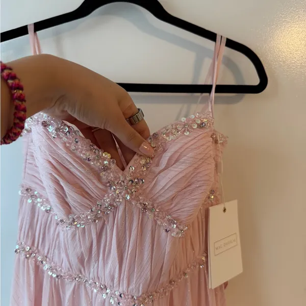 Mac Duggal Strapless Beaded Ruffle High Low Prom Gown Ice Pink Size 4 Princess - Image 5