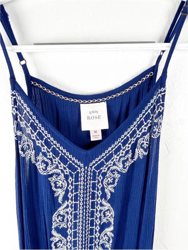 KNOX ROSE Blue V-Neck Embroidered Side Slits Belted Waist Maxi Dress Size Medium - Image 7