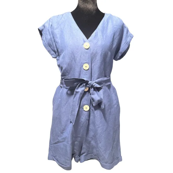 Mango MNG Basics Blue Linen Blend Button Front Romper‎ Tie Waist Women Size 4 S - Image 2