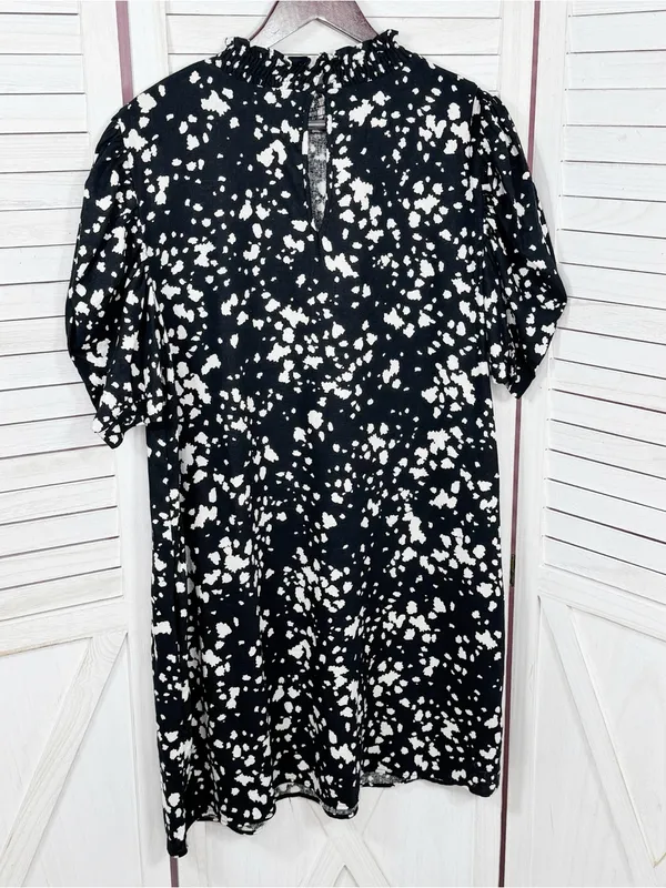 Who What Wear Linen Puff Sleeve Spotted Mini Shift Dress Black White Large - Image 9