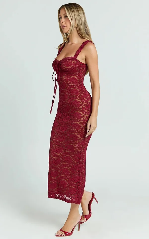 Showpo Collette Wine Red Lace Midi Dress - Image 2