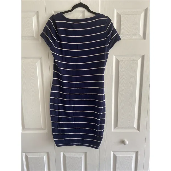 Andrew Marc Striped Sweater Dress Womens Size L Navy Blue Nautical Cotton Wrap - Image 6