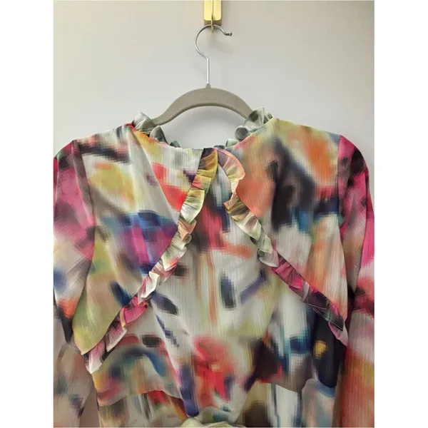 ALEXIS Leonie Mini Dress Abstract Print Long Sleeve Ruffle Tiered Belted Flowy S - Image 8