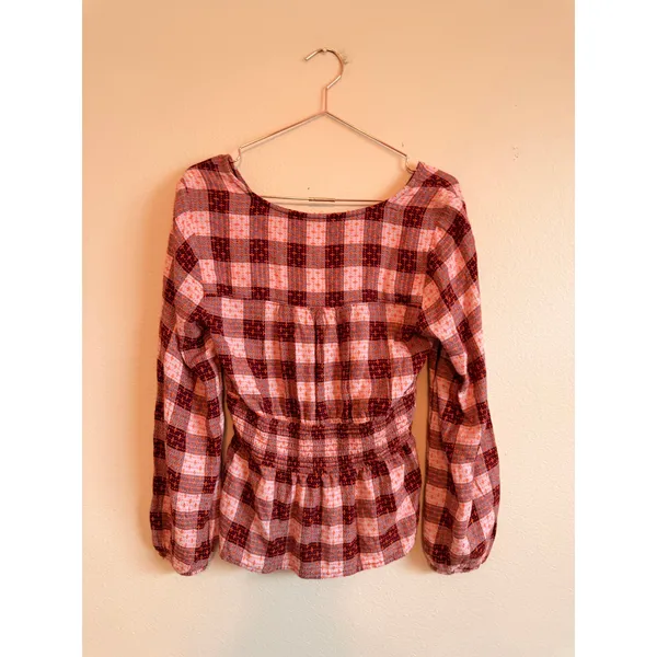 Pilcro Blouse Women Medium Red Plaid Smocked‎ Waist V-Neck Boho Top - Image 7