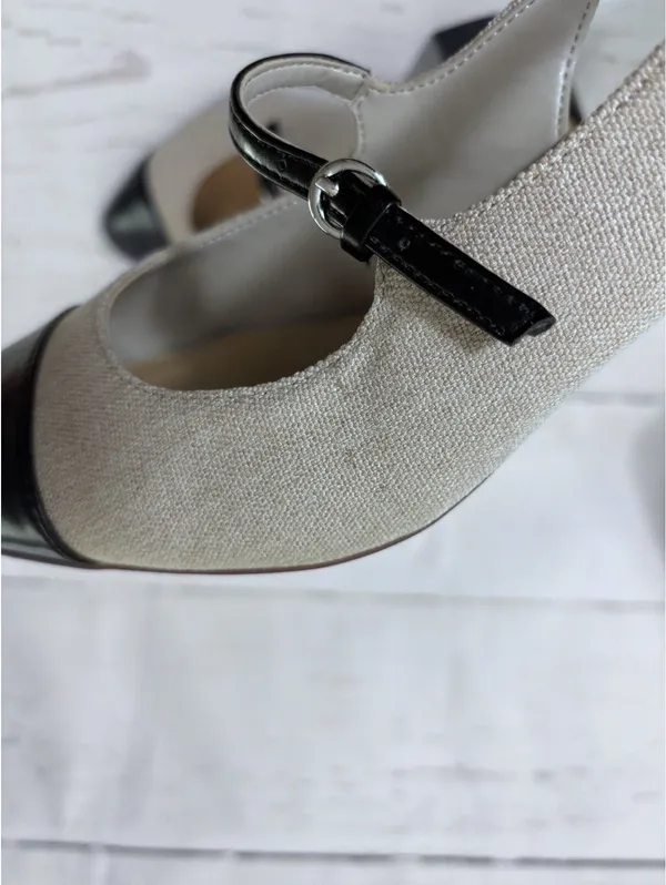 J. Crew Mary Jane Slingback Heels Cap Toe Block Heel Tweed Black Tan Sz 11 - Image 9